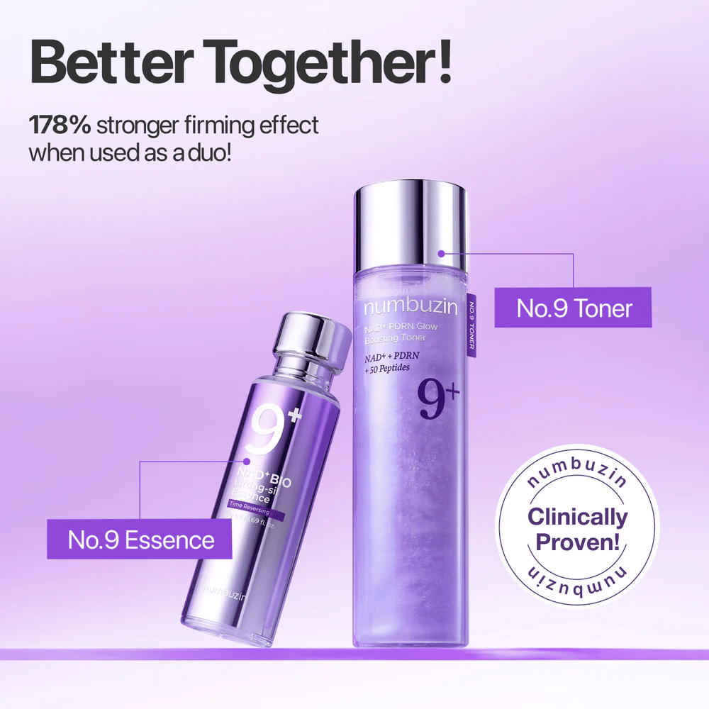 Numbuzin No.9 Toner und Essence werden zusammen in lila Tönen gezeigt. Text: „Besser zusammen – 178% stärkerer Straffungseffekt bei Verwendung als Duo.“