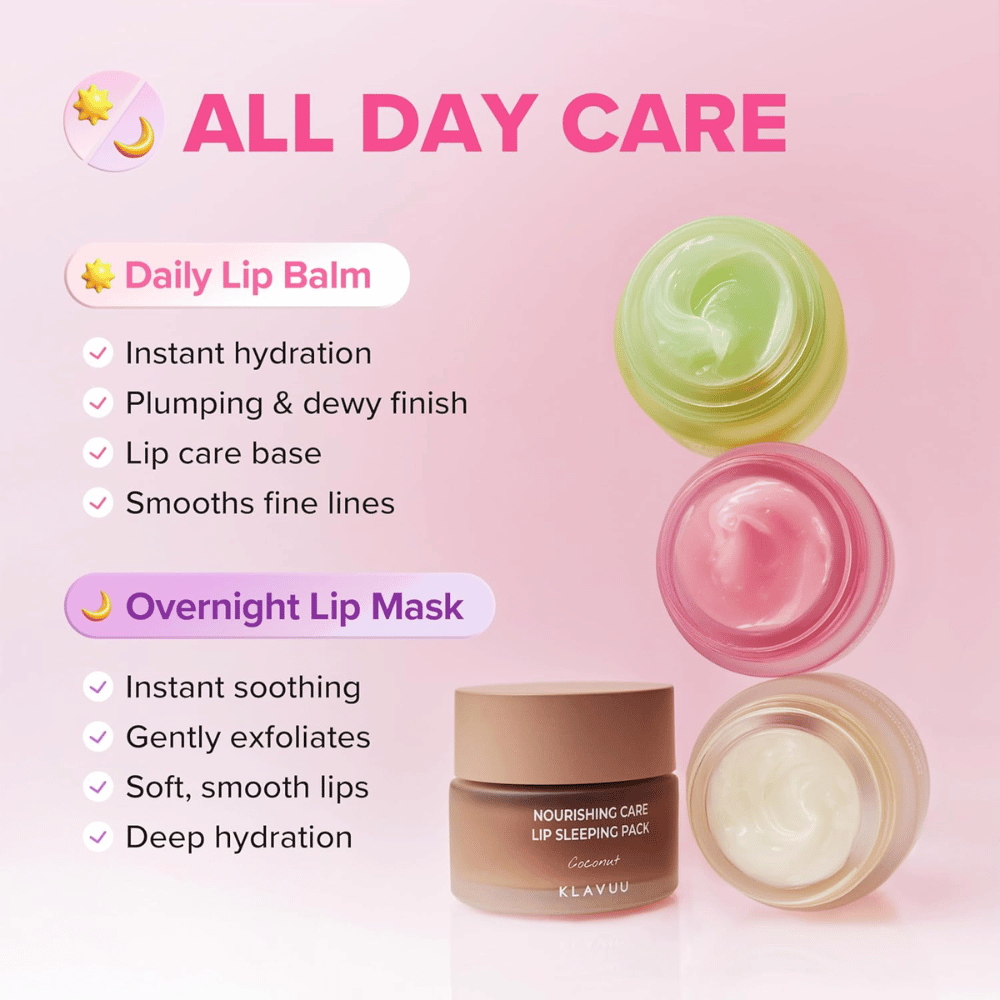 KLAVUU Nourishing Care Lip Sleeping Pack Coconut kann tagsüber als Lippenbalsam oder über Nacht als intensive Lippenmaske für weiche Lippen verwendet werden.