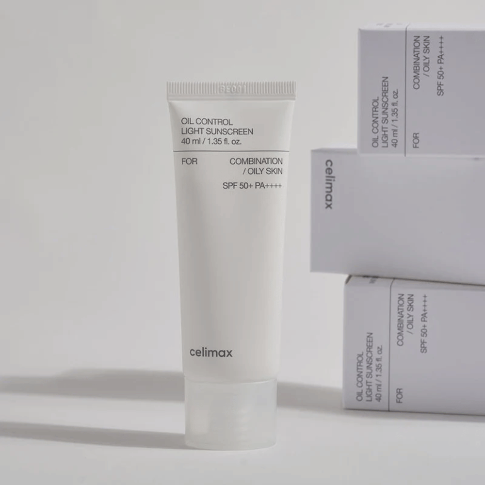 Celimax Oil Control Light Sunscreen SPF 50+ PA++++ in einer Tube mit minimalistischem Design, Sonnenschutz für Mischhaut und fettige Haut, der den Talg kontrolliert und ein mattes Finish verleiht