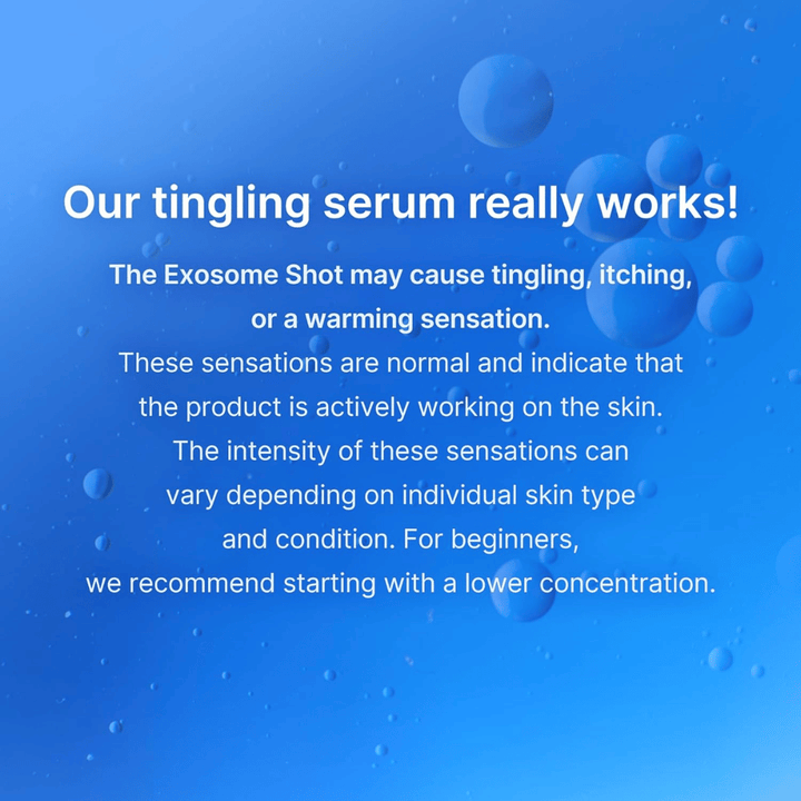 Exosom-Serum Informationen über ein Kribbelgefühl bei der Anwendung, das auf eine aktive Hautbehandlung hinweist, sowie die Empfehlung, mit einer niedrigeren Konzentration zu beginnen