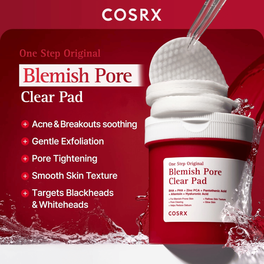 Produktbild von COSRX One Step Original Blemish Pore Clear Pad mit Fokus auf Exfoliation, Porenverfeinerung und Pflege von zu Akne neigender Haut.