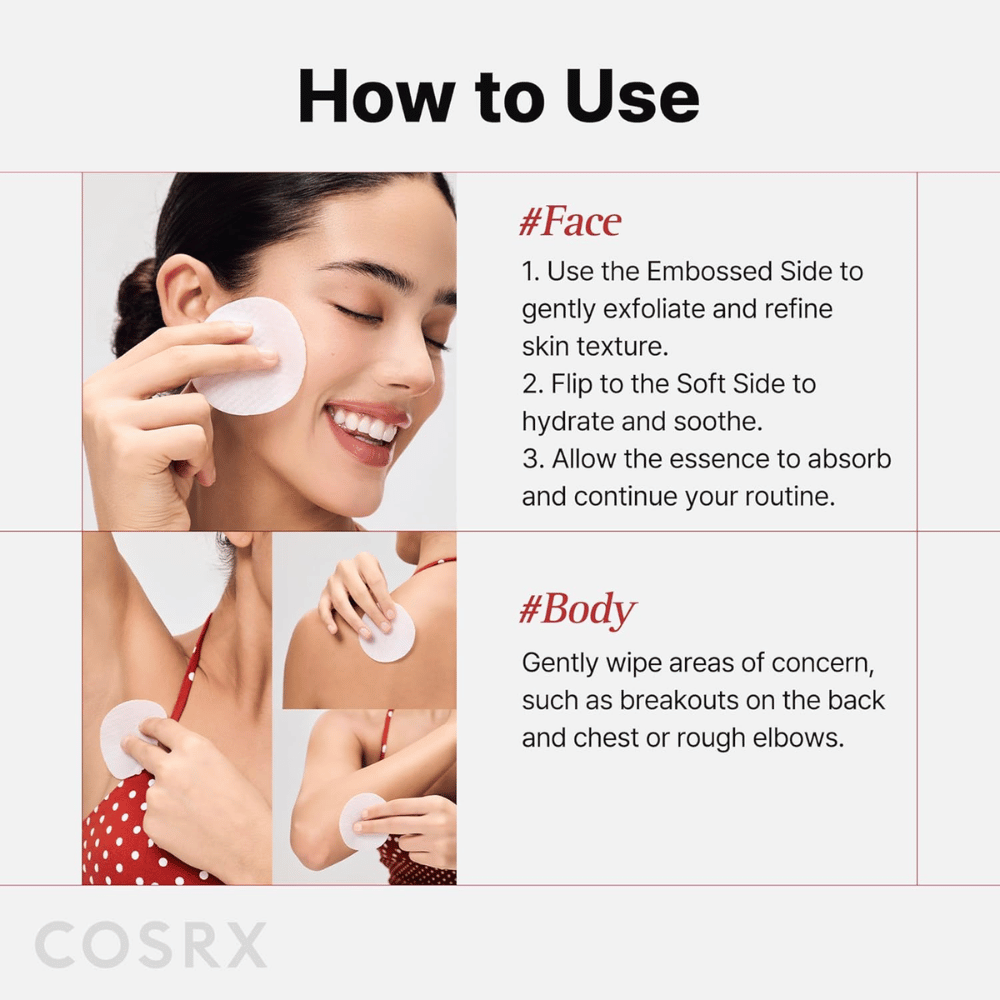 Anleitungsbild, das zeigt, wie COSRX One Step Original Blemish Pore Clear Pad im Gesicht und am Körper für Exfoliation und Pflege verwendet wird.