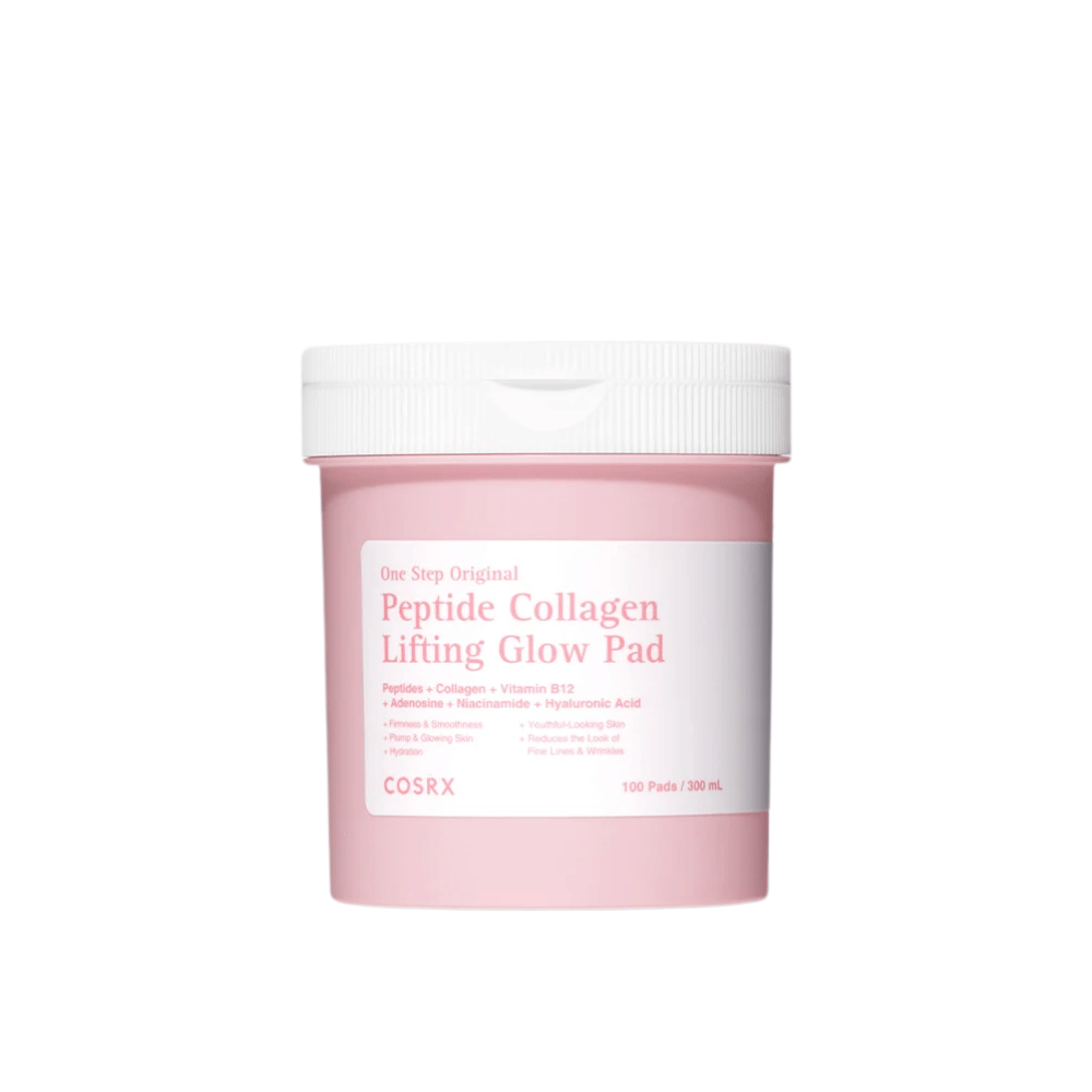 Freigestelltes Produktbild von COSRX One Step Original Peptide Collagen Lifting Glow Pad in rosa Verpackung vor hellem Hintergrund.