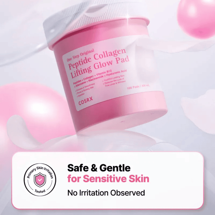 Produktbild von COSRX One Step Original Peptide Collagen Lifting Glow Pad mit Botschaft über eine sanfte Formel für empfindliche Haut und getestete geringe Reizung.