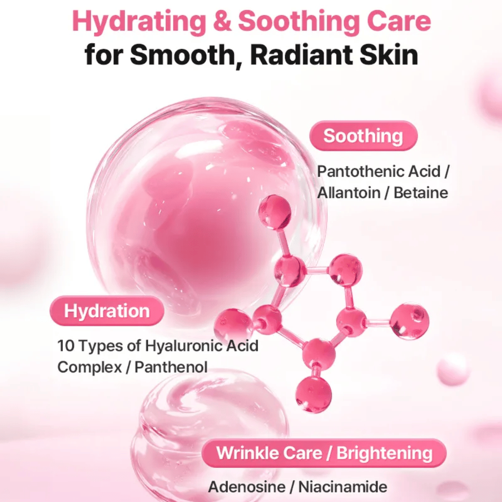 Illustratives Zutatenbild für COSRX Peptide Collagen Lifting Glow Pad mit Fokus auf Feuchtigkeitsversorgung, beruhigende Wirkung sowie glanzspendende Inhaltsstoffe wie Hyaluronsäure, Niacinamid und Panthenol.