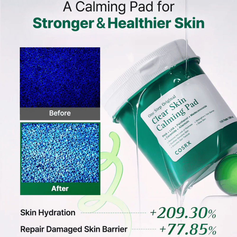 Kampagnenbild für COSRX One Step Original Clear Skin Calming Pad, das verbesserte Feuchtigkeitsversorgung und eine gestärkte Hautbarriere nach der Anwendung zeigt.