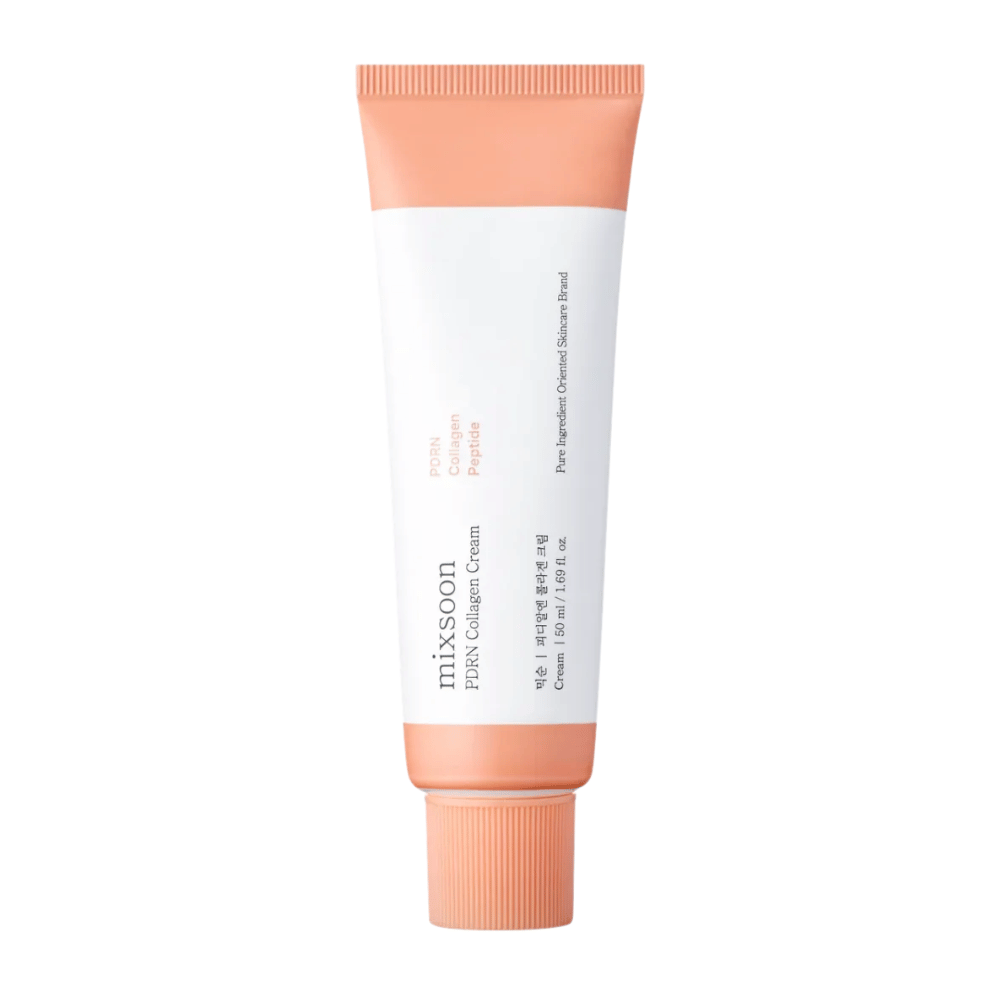 Mixsoon PDRN Collagen Cream in weißer und pfirsichfarbener Tube, 50 ml. Eine feuchtigkeitsspendende und kollagenverstärkende Creme für glatte und jugendliche Haut.