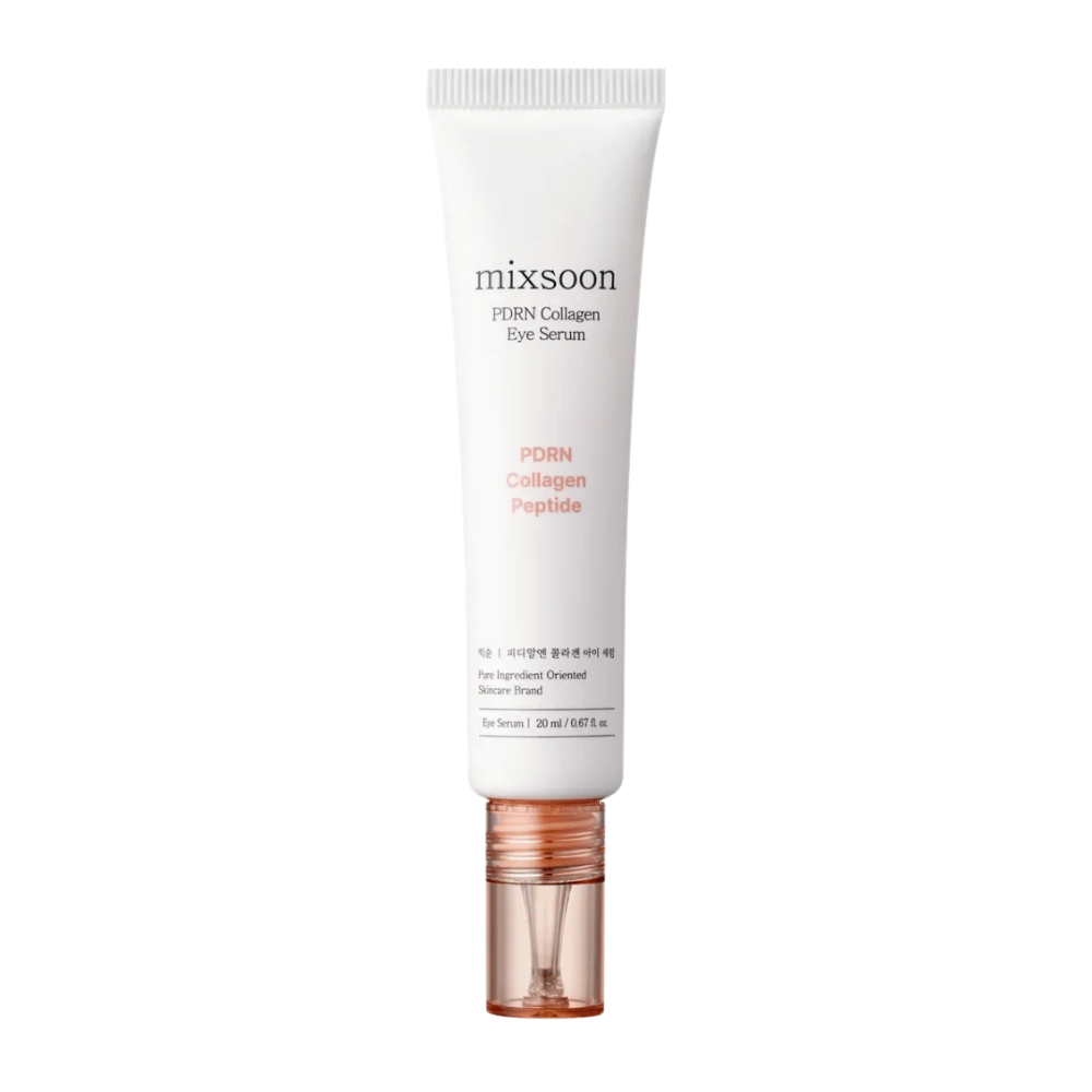 Mixsoon PDRN Collagen Eye Serum in einer weißen und pfirsichfarbenen Tube mit durchsichtigem Applikator. Ein feuchtigkeitsspendendes und straffendes Augenserum, 20 ml.