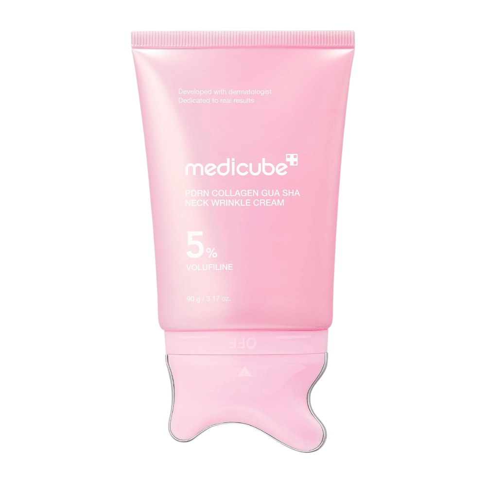 6. Medicube PDRN Collagen Gua Sha Neck Wrinkle Cream 90 g – rosa Tube mit integriertem Gua-Sha-Applikator vor weißem Hintergrund