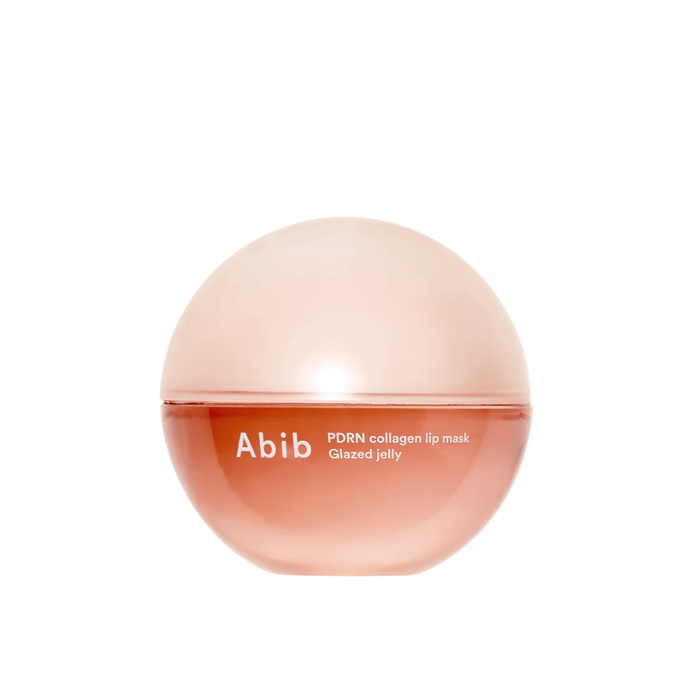 Rosa runde Dose mit der Aufschrift "Abib PDRN Collagen Lip Mask Glazed Jelly" auf der Vorderseite, fotografiert vor weißem Hintergrund.