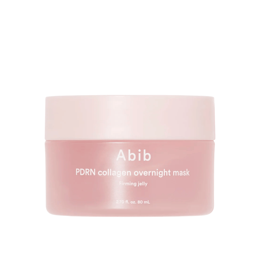 Minimalistisches Produktbild von Abib PDRN Collagen Overnight Mask im rosa Tiegel mit Fokus auf Design und Produktnamen vor hellem Hintergrund.