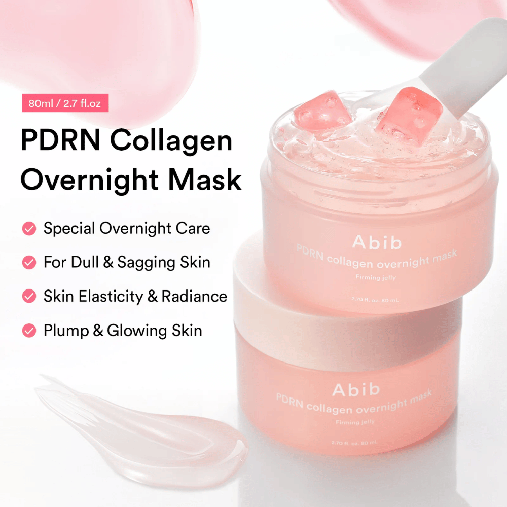 Produktbild von Abib PDRN Collagen Overnight Mask mit rosa Geltextur und Silikonspatel, das die feuchtigkeitsspendenden und glanzverleihenden Eigenschaften der Nachtmaske hervorhebt.