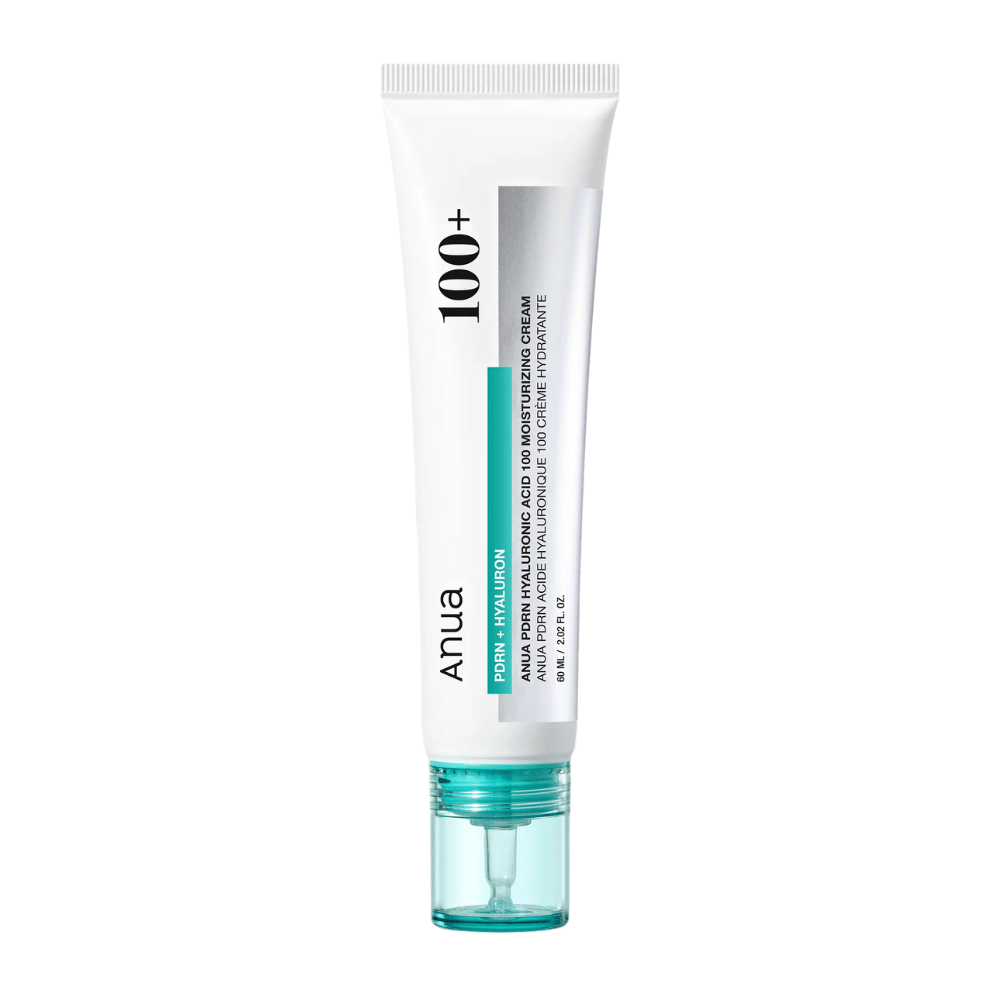 Produktbild von Anua PDRN Hyaluronic Acid 100 Moisturizing Cream in weißer Tube mit türkisfarbenem Detail – koreanische Gesichtscreme für tiefe Feuchtigkeitspflege.