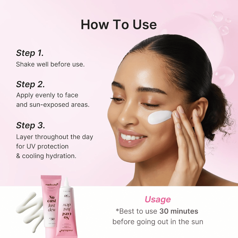 1. Medicube PDRN Hydrating UV Serum SPF 50+ – Anwendung von feuchtigkeitsspendendem Sonnenschutz im Gesicht mit Gebrauchsanweisung