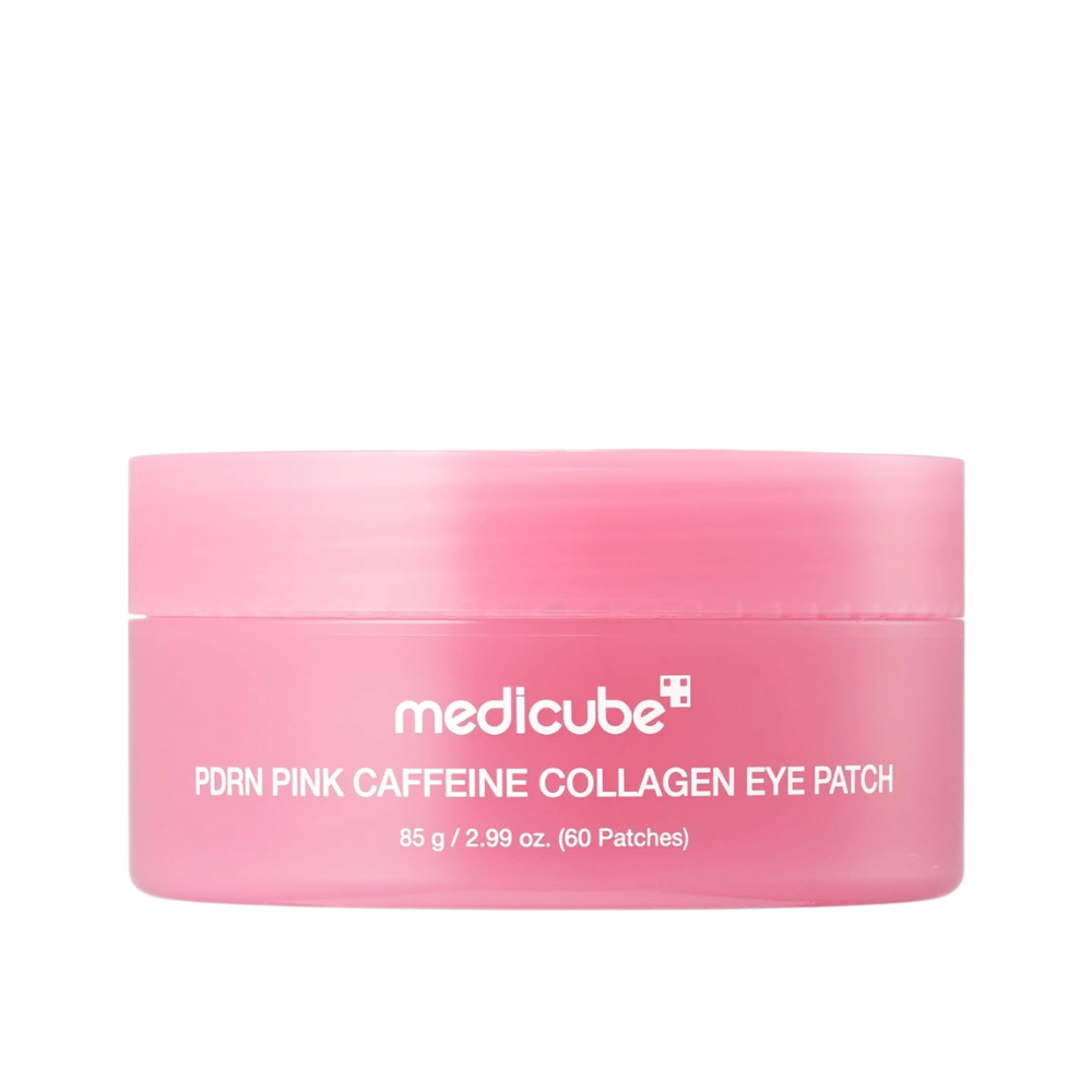 5. Medicube PDRN Pink Caffeine Collagen Eye Patch 60 Stück – rosa Dose mit feuchtigkeitsspendenden Hydrogel-Augenpads vor weißem Hintergrund