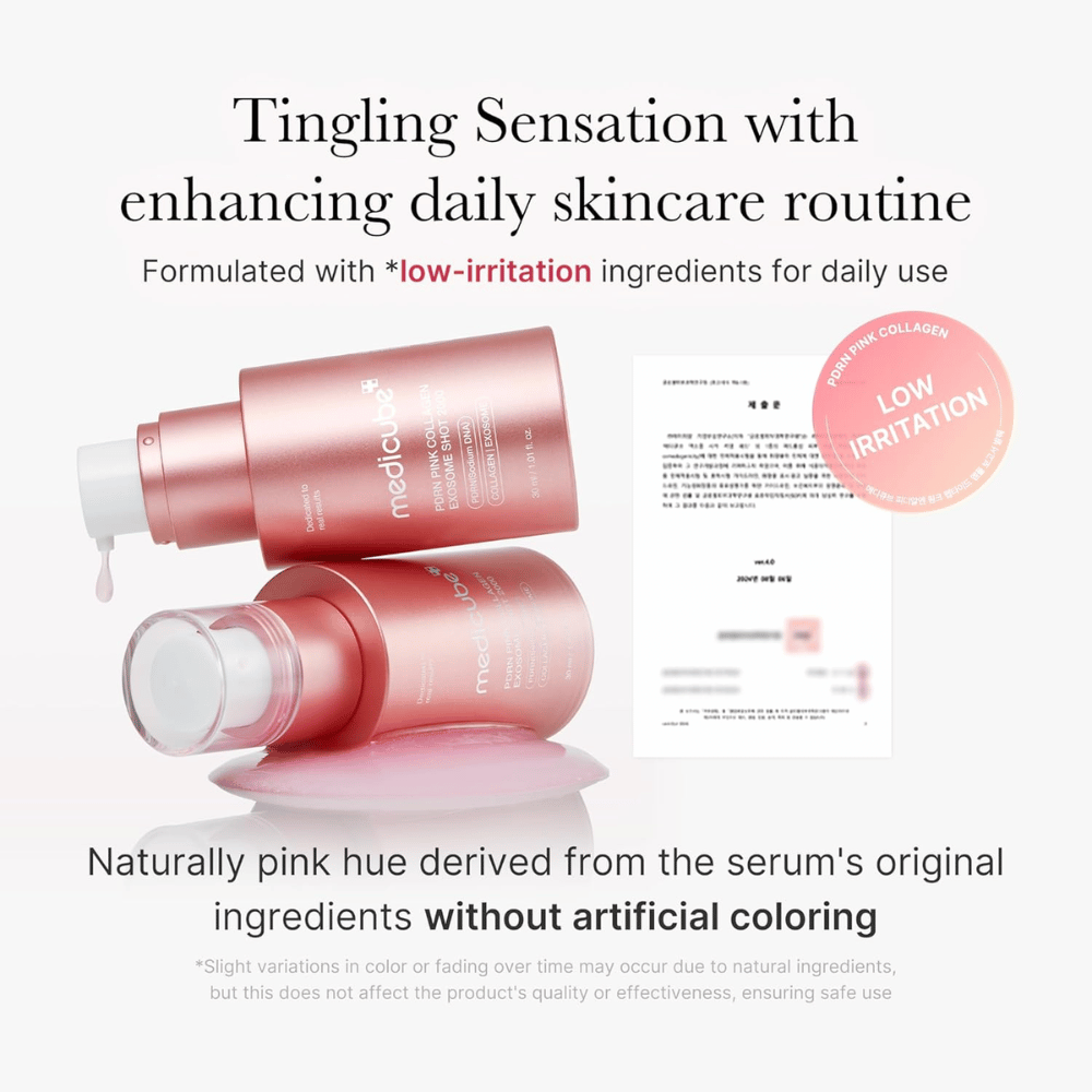 Medicube PDRN Pink Collagen Exosome Shot 2000 mit Informationen zu geringer Reizung. Das Produkt hat eine natürlich rosa Farbe durch die Inhaltsstoffe und wurde für die tägliche Anwendung mit einem sanften Gefühl auf der Haut entwickelt.