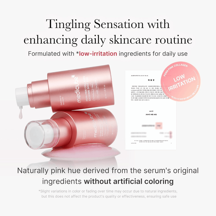 Medicube PDRN Pink Collagen Exosome Shot 2000 mit Informationen zu geringer Reizung. Das Produkt hat eine natürlich rosa Farbe durch die Inhaltsstoffe und wurde für die tägliche Anwendung mit einem sanften Gefühl auf der Haut entwickelt.