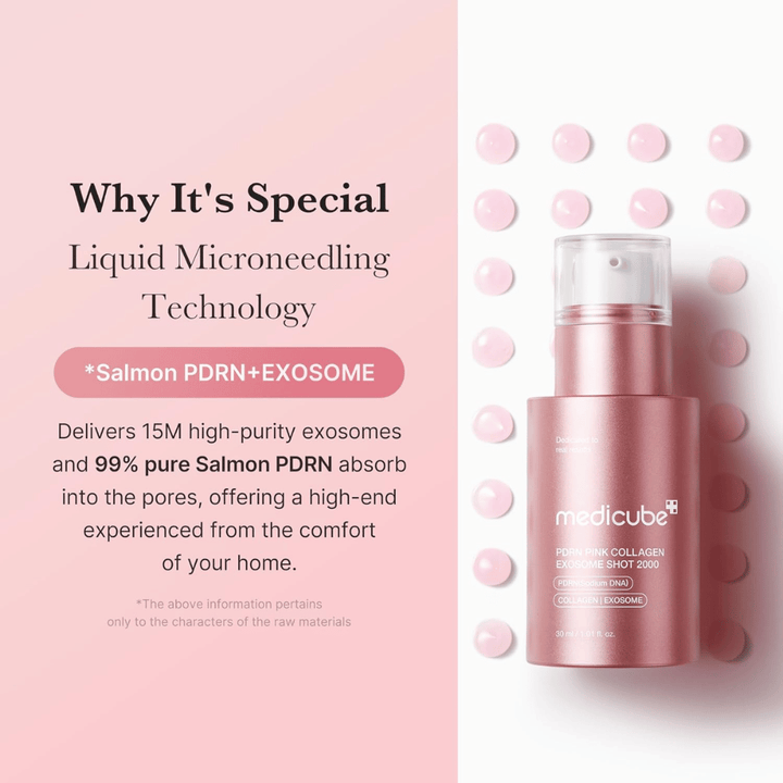 Medicube PDRN Pink Collagen Exosome Shot 2000 in einer rosa Flasche. Das Bild hebt die flüssige Microneedling-Technologie mit Exosomen und PDRN aus Lachs hervor, um die Ausstrahlung, Elastizität und Aufnahmefähigkeit der Haut zu unterstützen.