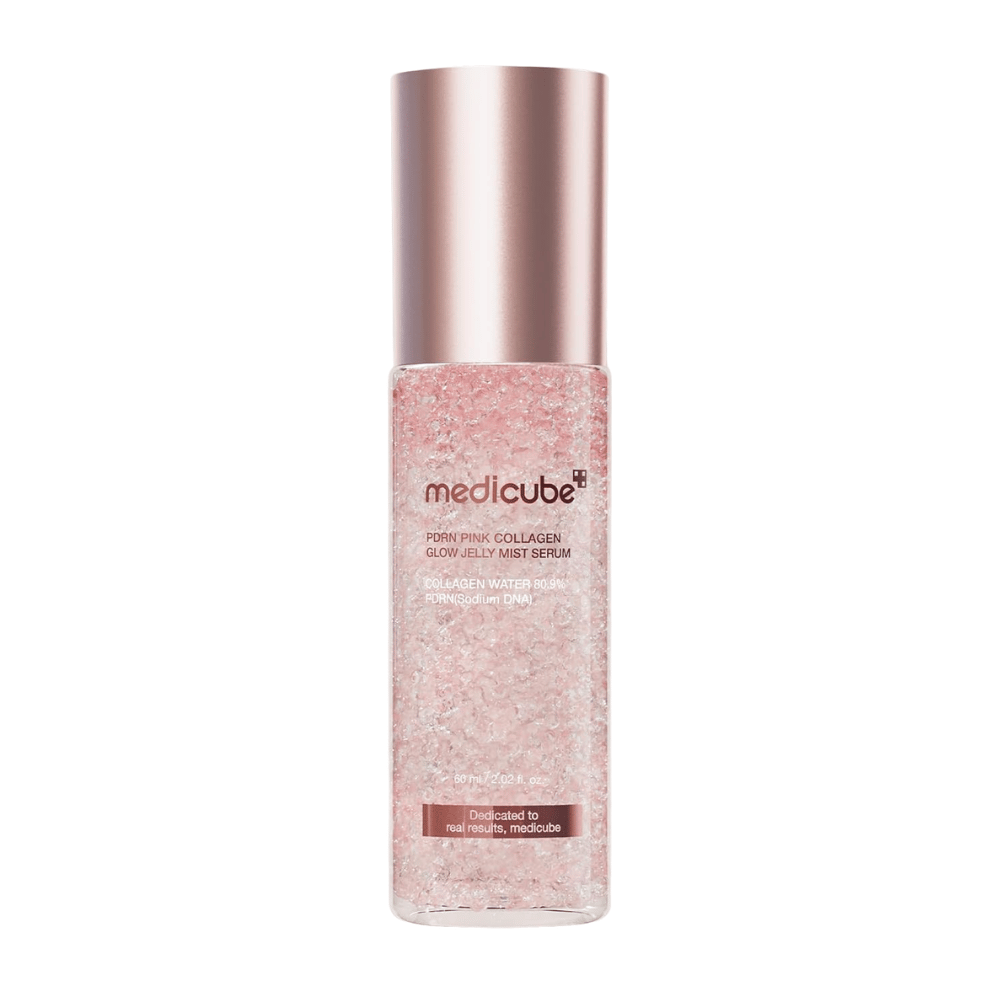 6. Medicube PDRN Pink Collagen Glow Jelly Mist Serum 60 ml – rosafarbener feuchtigkeitsspendender Gesichtsmist mit Kollagen und PDRN auf weißem Hintergrund