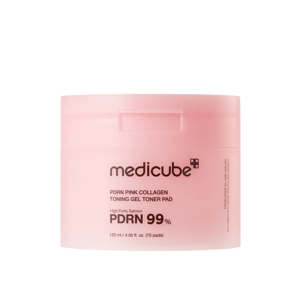 Medicube PDRN Pink Collagen Toning Gel Toner Pad in rosa Dose mit Text, der 99 % PDRN-Gehalt und 120 ml zeigt, entworfen, um die Festigkeit und Ausstrahlung der Haut zu verbessern.