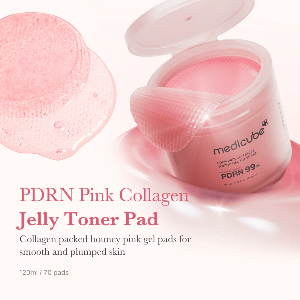 Offene Dose mit Medicube PDRN Pink Collagen Jelly Toner Pads, mit einem erhöhten rosa Gelpad und Text, der den Kollagengehalt für glatte und mit Feuchtigkeit versorgte Haut beschreibt.