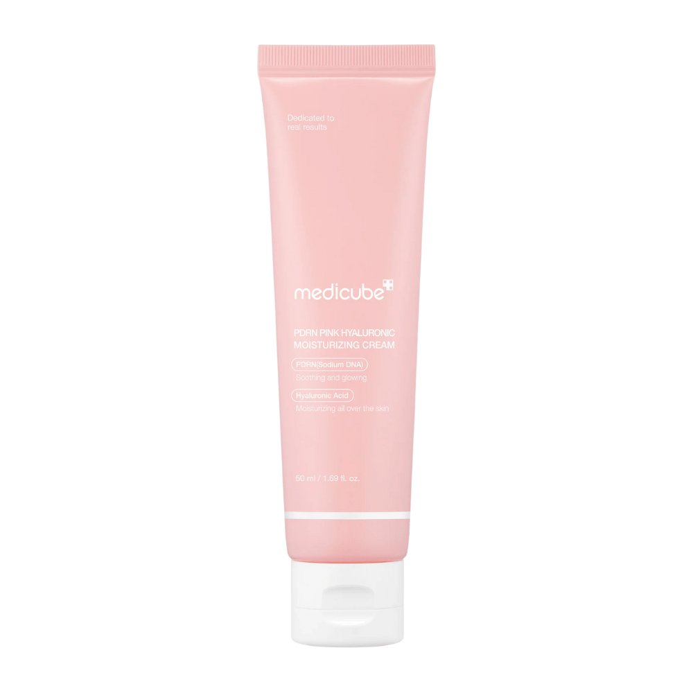 Medicube PDRN Pink Hyaluronic Moisturizing Cream in rosa Tube mit weißem Verschluss, eine feuchtigkeitsspendende Creme angereichert mit Hyaluronsäure und Lachs-DNA PDRN.