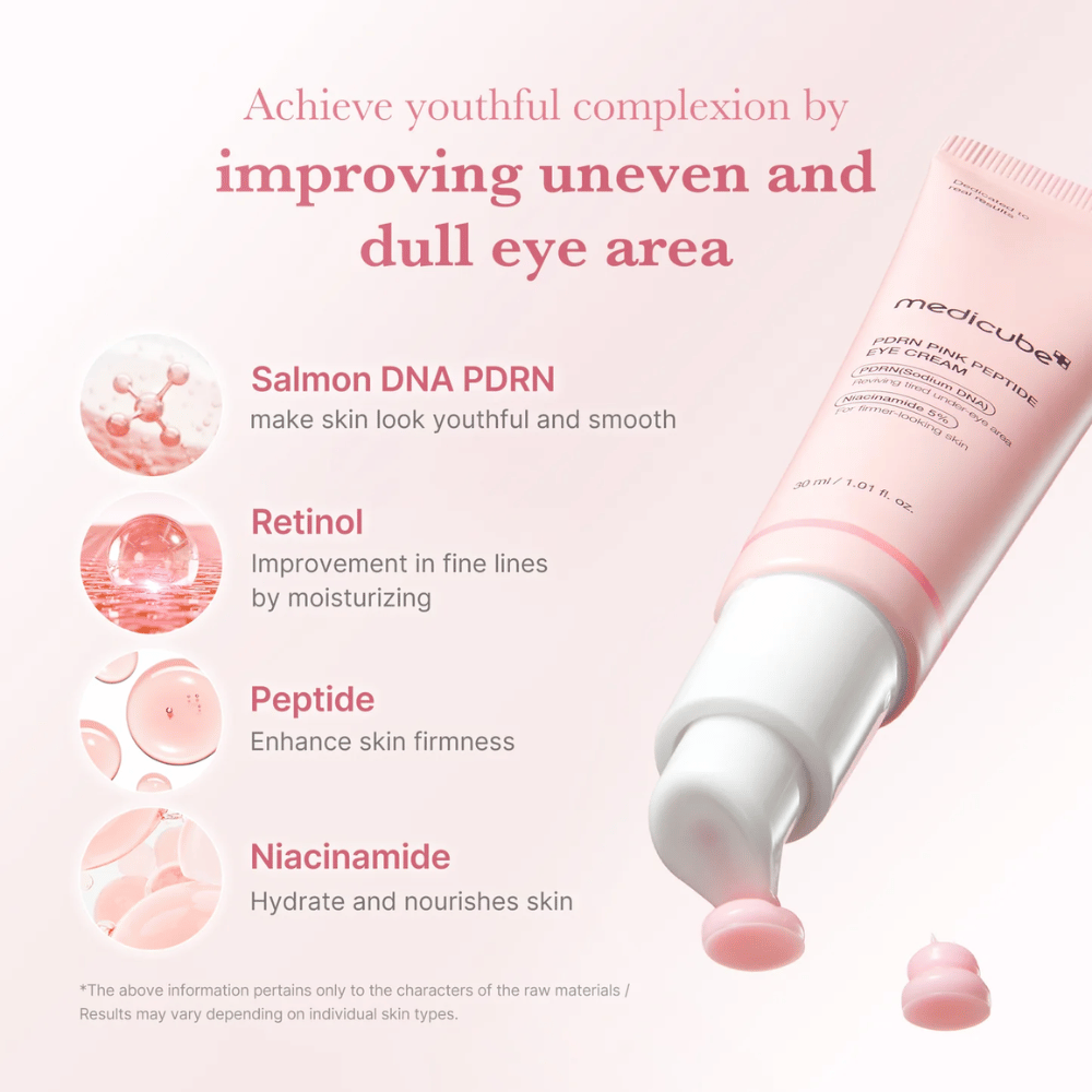 Medicube PDRN Pink Peptide Eye Cream mit geöffnetem Pump und rosa Creme. Enthält PDRN aus Lachs, Retinol, Peptide und Niacinamid, um zu glätten, zu befeuchten und
