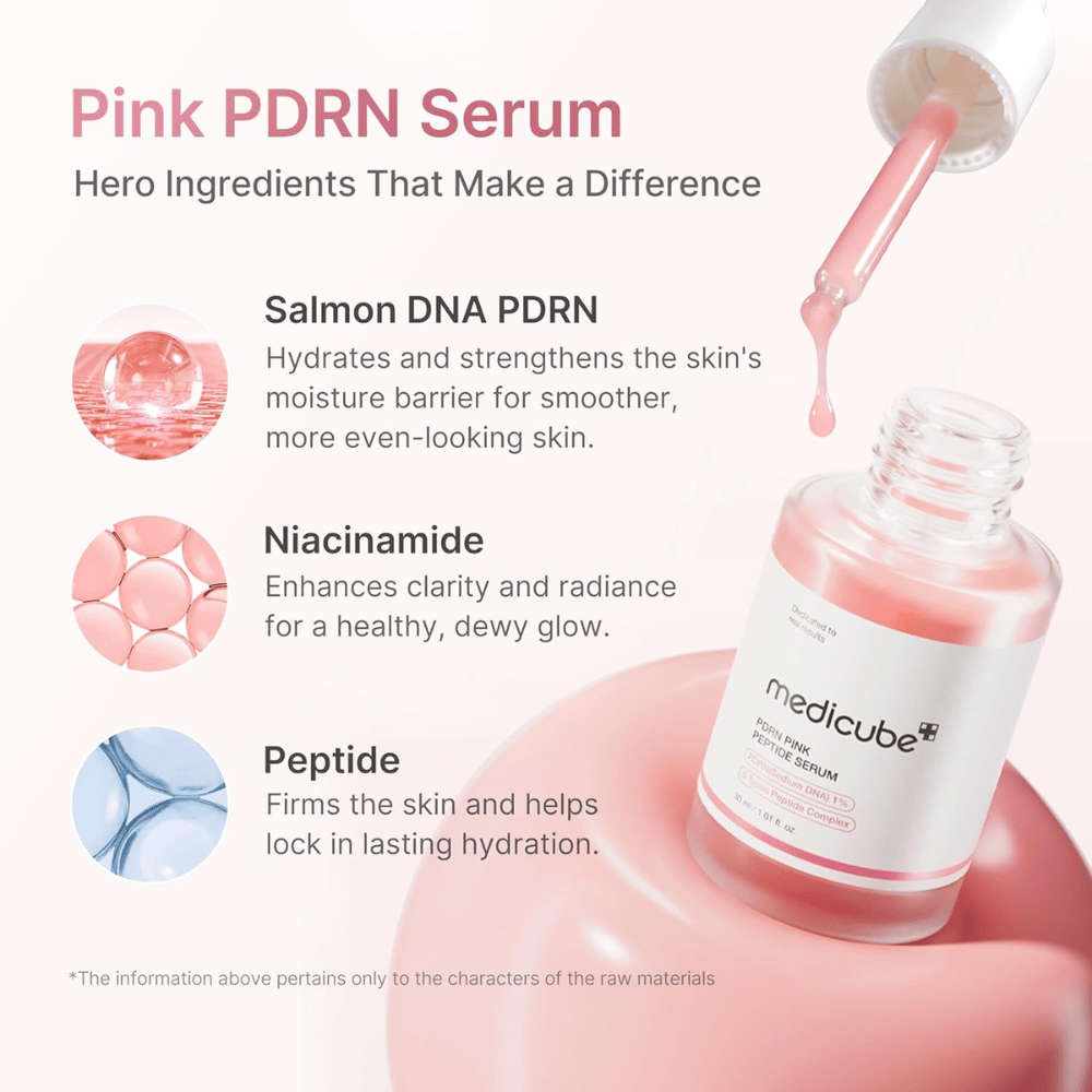 Medicube PDRN Pink Peptide Serum mit PDRN, Niacinamid und Peptiden. Geöffnete Serumflasche mit Pipette und rosa Serumtropfen.