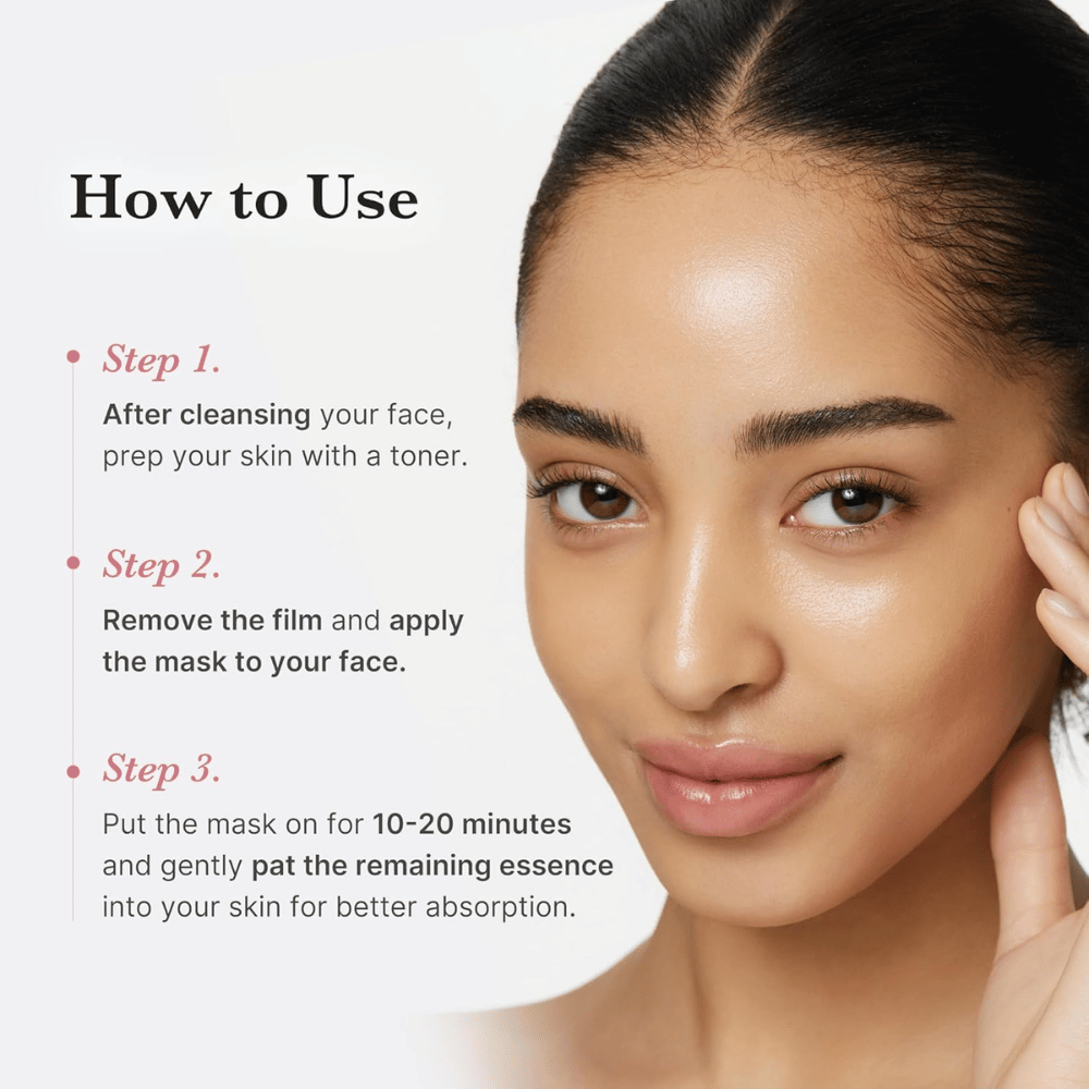 Anleitungsbild mit Model – Schritt für Schritt, wie die Sheet-Maske verwendet wird (Reinigung, Anwendung, 10–20 Min. einwirken lassen).
