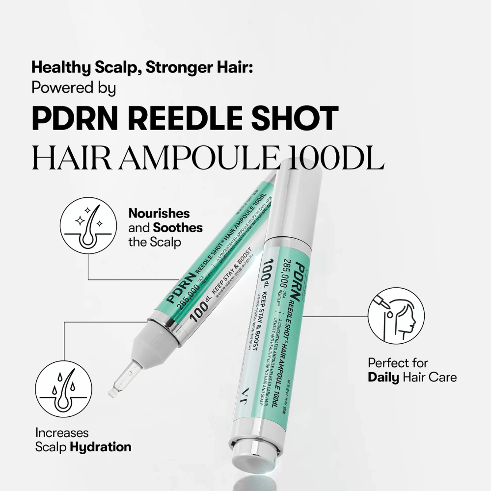 Produktpräsentation von PDRN Reedle Shot Hair Ampoule 100dL mit Fokus auf Vorteile wie beruhigende Wirkung, erhöhte Feuchtigkeit in der Kopfhaut und tägliche Haarpflege.
