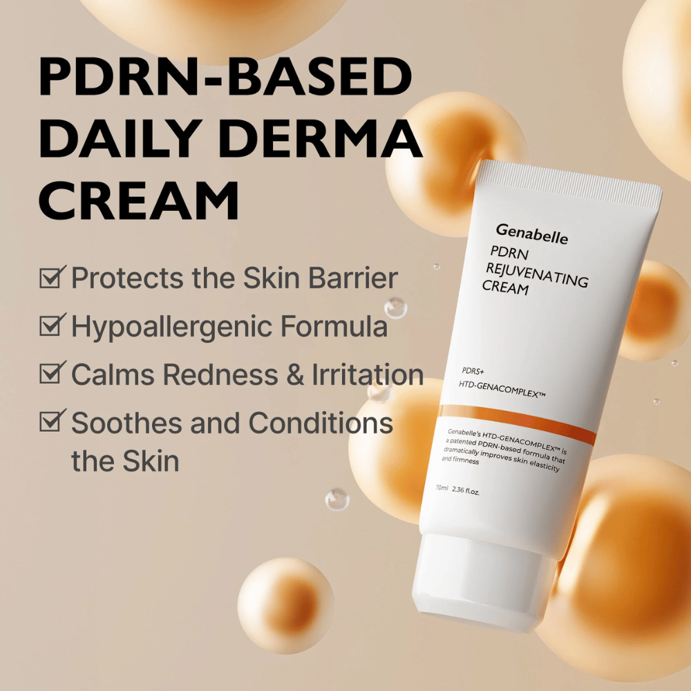 Genabelle PDRN Rejuvenating Cream umgeben von goldenen Sphären, die die PDRN-Technologie symbolisieren. Das Bild hebt hautbarrierestärkende Eigenschaften, eine beruhigende Wirkung und eine hypoallergene Formel für die tägliche Anwendung hervor.