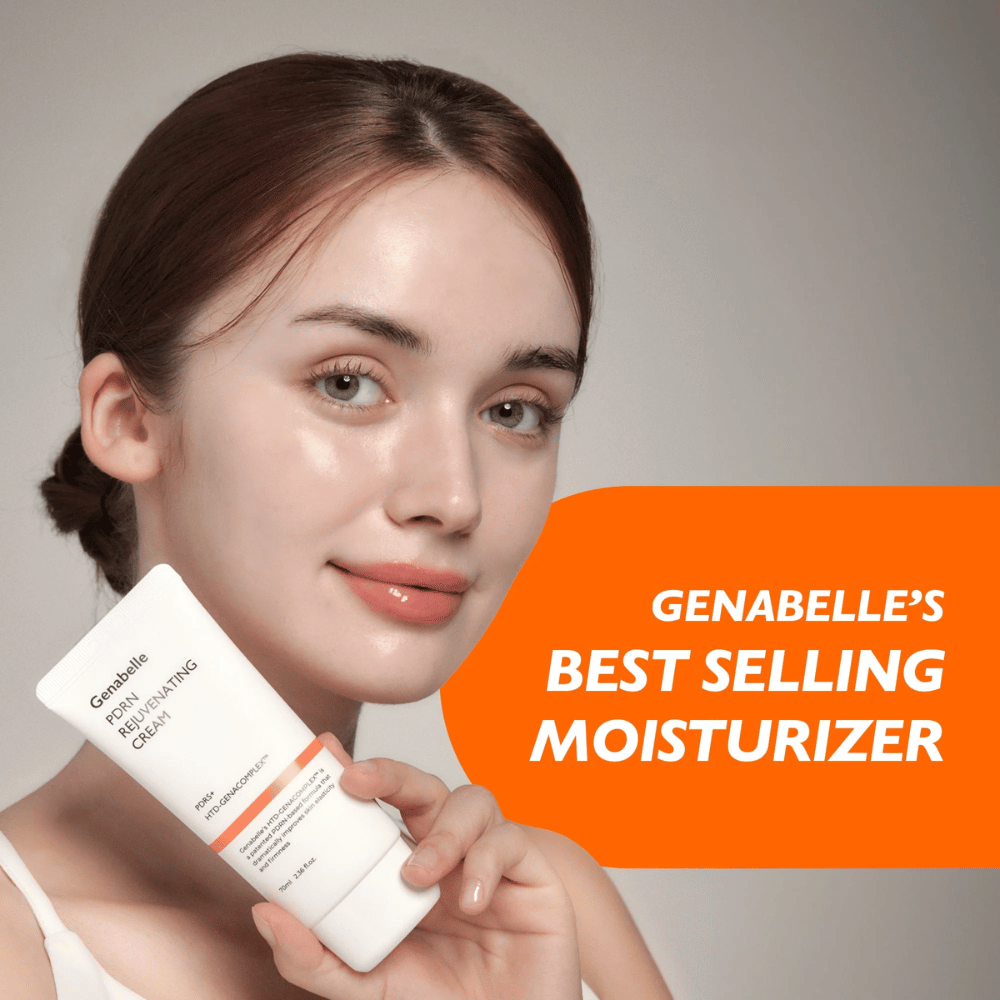 Eine Person hält Genabelle PDRN Rejuvenating Cream vor die Kamera. Das Bild hebt das Produkt als meistverkaufte Gesichtscreme hervor, mit Fokus auf Feuchtigkeitsversorgung, Hauterneuerung und eine gesunde, strahlende Haut.