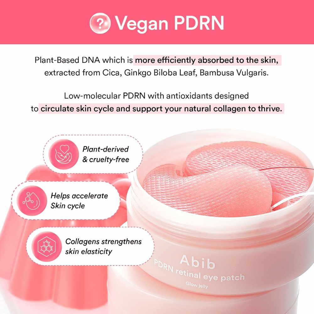 Abib PDRN Retinal Eye Patch Glow Jelly mit veganem PDRN aus Pflanzenextrakten, die die Hautelastizität stärken, Kollagen boosten und die Hautstruktur verbessern.