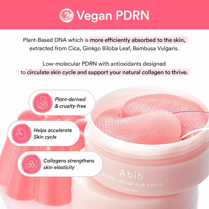 Abib PDRN Retinal Eye Patch Glow Jelly mit veganem PDRN aus Pflanzenextrakten, die die Hautelastizität stärken, Kollagen boosten und die Hautstruktur verbessern.
