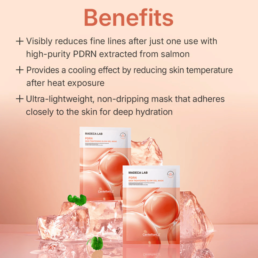 MADECA LAB PDRN Skin Tightening Glow Gel Mask – straffende Gelmaske mit PDRN aus Lachs, die einen kühlenden Effekt, intensive Feuchtigkeit und sichtbar glattere Haut bietet.