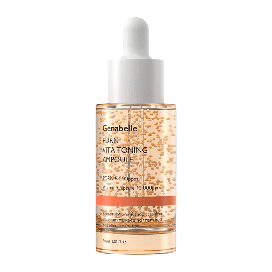 Freigestelltes Produktbild von Genabelle PDRN Vita Toning Ampoule in transparenter Glasflasche mit weißen Pipettenverschlüssen und sichtbaren Vitaminkapseln in der Serumformel.