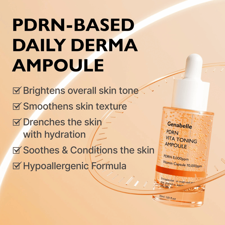 Produktbild von Genabelle PDRN Vita Toning Ampoule mit Text über Feuchtigkeitsversorgung, ebenmäßigeren Hautton und beruhigende Eigenschaften für empfindliche Haut mit hypoallergener Formel.