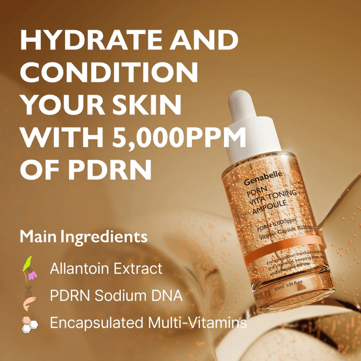 Kampagnenbild für Genabelle PDRN Vita Toning Ampoule mit Fokus auf Feuchtigkeitsversorgung und PDRN 5000 ppm sowie Inhaltsstoffen wie Vitaminkapseln und Sodium DNA für Glow und Hautpflege.