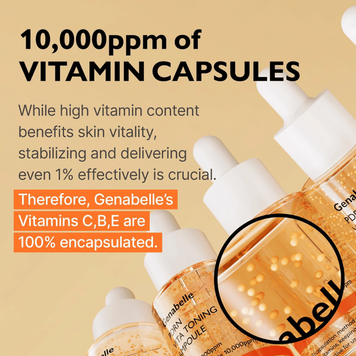 Genabelle PDRN Vita Toning Ampoule mit eingekapselten Vitaminen im Serum, die eine glanzverleihende Formel mit Vitamin C, B und E für Glow und Hautvitalität hervorheben.