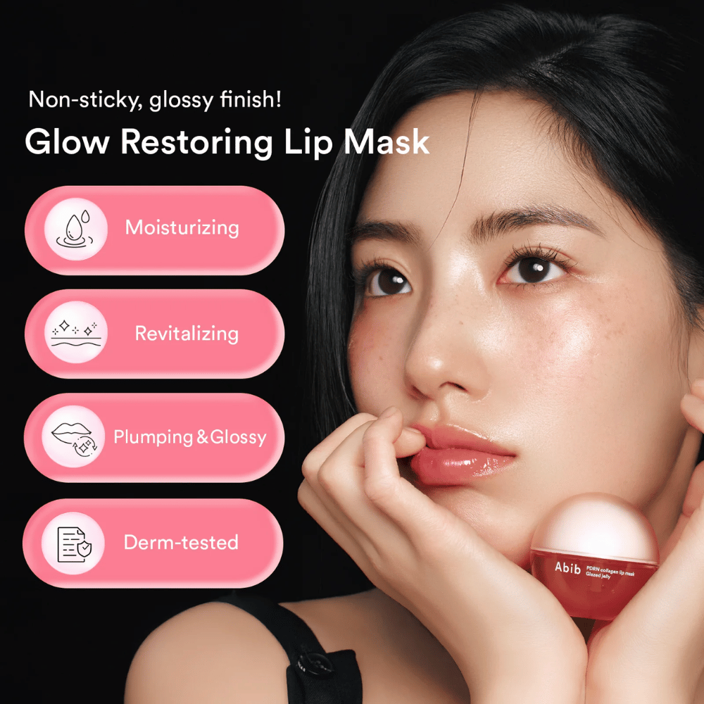 Frau mit glänzenden Lippen hält eine rosa Dose Abib PDRN Collagen Lip Mask. Text links listet Vorteile: feuchtigkeitsspendend, revitalisierend, aufpolsternd & glänzend sowie dermatologisch getestet.