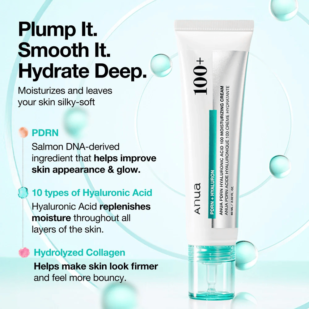 Anua PDRN Hyaluronic Acid 100 Moisturizing Cream mit Hyaluronsäure, PDRN und Kollagen – spendet Feuchtigkeit, glättet und stärkt die Haut.
