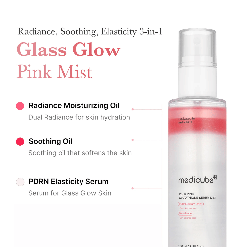 Produktbild von Medicube PDRN Pink Glutathione Serum Mist mit drei Schichten: feuchtigkeitsspendendes Öl, beruhigendes Öl und PDRN-Serum für Strahlen, Elastizität und weiche Haut.