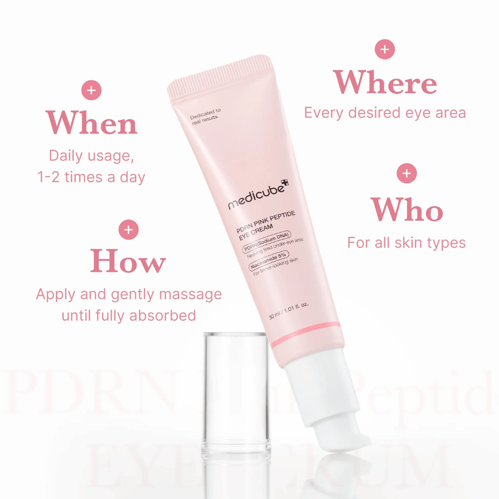 Medicube PDRN Pink Peptide Eye Cream, 30 ml Tube. Augencreme mit PDRN und 5 % Niacinamid. Wird 1–2 Mal täglich um die Augen herum angewendet. Geeignet für alle Hauttypen.