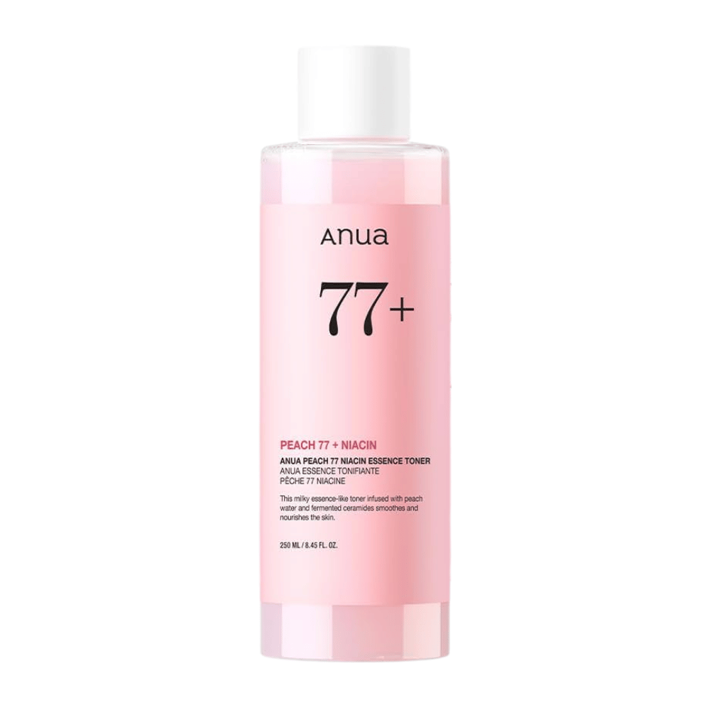 Anua Peach 77 Niacin Essence Toner in einer durchsichtigen rosa Flasche mit weißem Deckel, enthält 250 ml milchigen Toner für einen gleichmäßigeren Hautton und Strahlkraft.