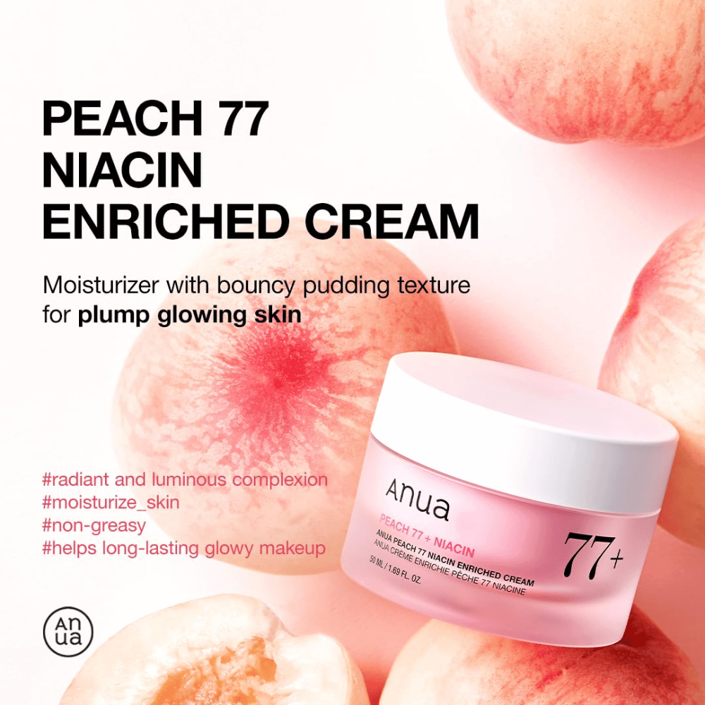 Anua Peach 77% Niacin Enriched Cream – puddingartige Feuchtigkeitscreme, die Glanz und Fülle mit 77 % Pfirsichextrakt verleiht.