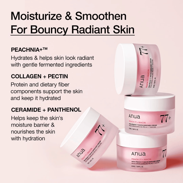 Anua Peach 77% Niacin Enriched Cream mit PEACHNIA™, Kollagen, Pektin, Ceramid und Panthenol für hydratisierte, geschmeidige Haut.