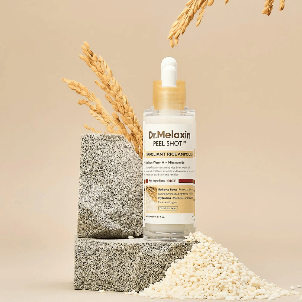 Dr.Melaxin Peel Shot Exfoliant Rice Ampoule aufgestellt mit Reis und Steinblöcken, koreanische exfolierende Ampulle mit Reisextrakt und Niacinamid für klarere und weichere Haut.