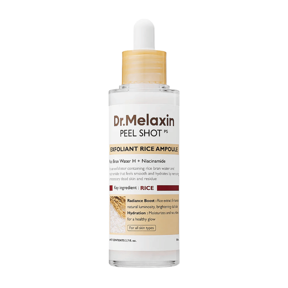 Dr.Melaxin Peel Shot Exfoliant Rice Ampoule in voller Ansicht vor weißem Hintergrund, exfolierendes Gesichtserum mit Reisextrakt und Niacinamid für einen gleichmäßigeren Hautton und mehr Glanz.