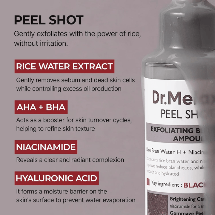 Dr.Melaxin Peel Shot Black Rice Ampoule mit Reiswasser-Extrakt, AHA BHA, Niacinamid und Hyaluronsäure für Exfolierung und Porenverfeinerung