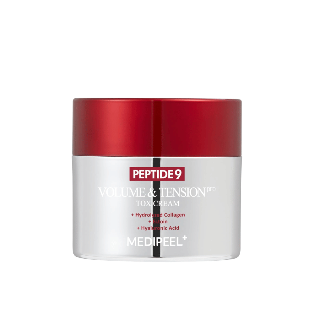 MEDI-PEEL Peptide 9 Volume & Tension Tox Cream in Silberdose mit rotem Deckel. Eine Anti-Aging-Creme mit Peptiden und Kollagen, die die Elastizität der Haut stärkt.